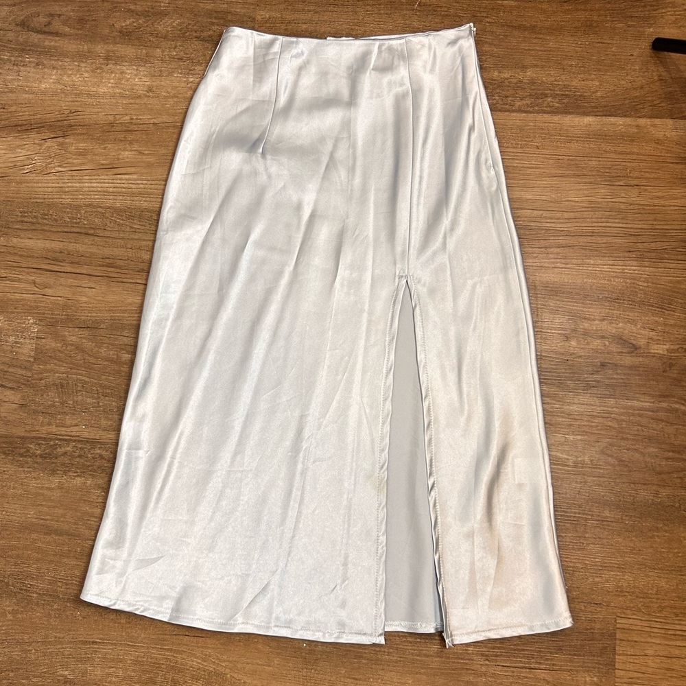 Princess Polly baby blue saying midi skirt with slit and side zip closure